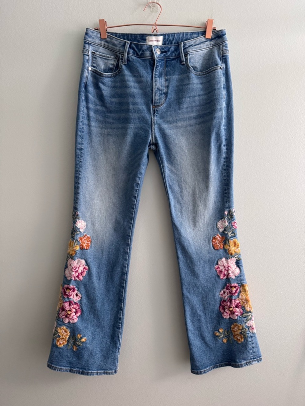 DRIFTWOOD Blue Boot Cut Jeans with Pink & Gold Floral Embroidery - Picture 2 of 13